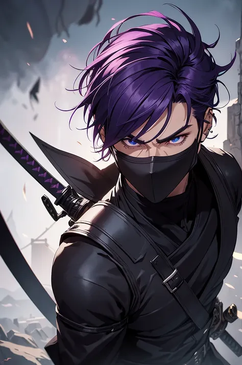 a man with medium purple hair, ninja style mask covering full face, detailed face, piercing eyes, sharp features, black outfit, dark leather armor, katana sword, ninja weapons, dark fantasy, moody lighting, dramatic shadows, cinematic composition, high qua...