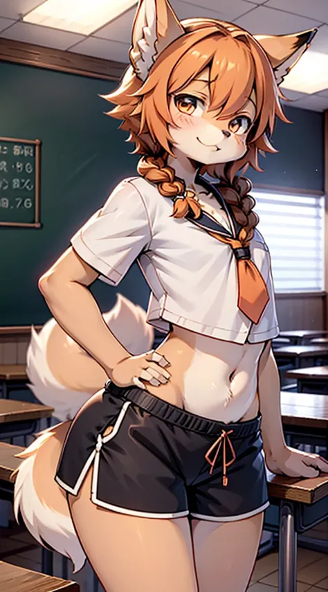 Japanese style high school shirt，cute男孩子，furry，furry，hairy，furry，hairy，furry，Body hair，Hair covers the whole body，Gentle smile，shota，Anthropomorphic Fox，Fox Girl，小braid，braid，cute，Orange hair，Orange hair all over body，全身Orange hair，Japanese school uniform ...