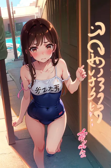 school swimsuit,,blushing、pale brown eyes、brown hair、semi-long hair、head to toe full body、blushing、embarrassed look、composition ...