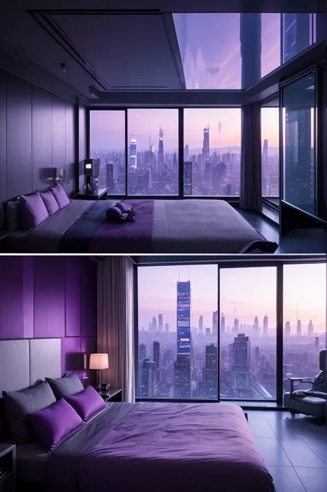 Build a room in the same view as the room below but make it a cybernetic room. Add futuristic elements to your room. Make the window turn and wall behind the bed with a clear view of a future city. Use shades of purple for image lighting 