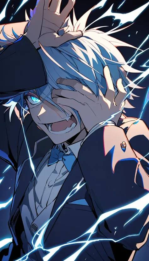 1 Guy,School,Uniform,blazer,logo,spiky light blue hair,blue eyes, psychotic laugh,one hand on his face covering his eyes,blue lightning background,dark aura