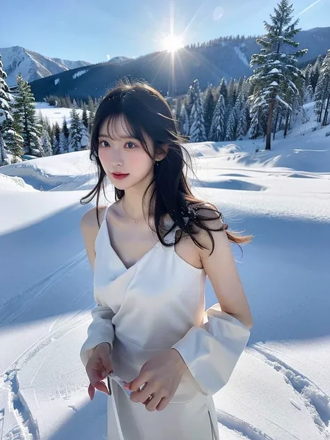 High-quality real photos of young Asian beauties with tall figures, delicate features, long blue-black hair, completely nude, skiing in the snow.