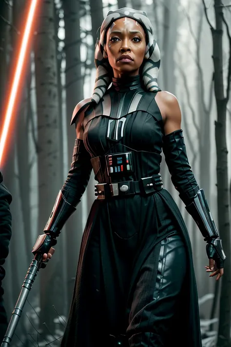 ((ahsokatano as Darth Vader in Starwars, Starwars movie scene, holding red color lightsaber, wearing sexy darth vader armor, walking, Stormtrooper escort behind)), (((show face, serious facial expression))), (dynamic pose), (exposed medium natural breast, ...