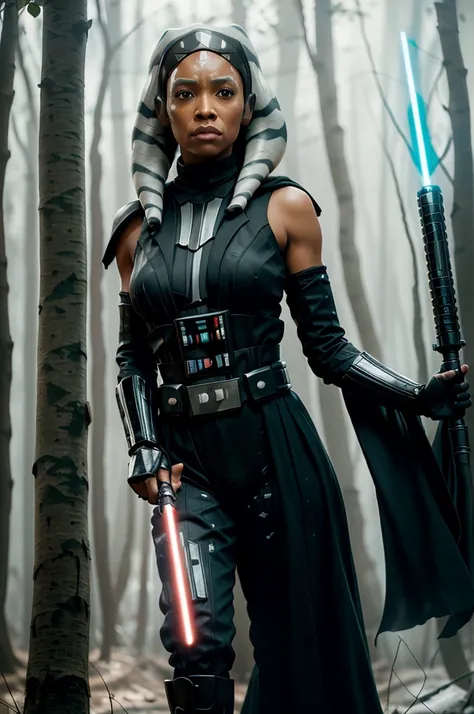 ((ahsokatano as Darth Vader in Starwars, Starwars movie scene, holding red color lightsaber, wearing sexy darth vader armor, walking, Stormtrooper escort behind)), (((show face, serious facial expression))), (dynamic pose), (exposed medium natural breast, ...