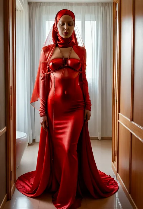 a rusian woman in the translucent red gown, tight full body tied, satin sheet, nipple on with nipple piercing, wearing transluce...