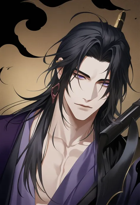 (masterpiece, best quality:1.2), 1male, solo, jiang cheng, mo dao zu shi, mdzs, purple and black clothes, purple eyes, long blac...