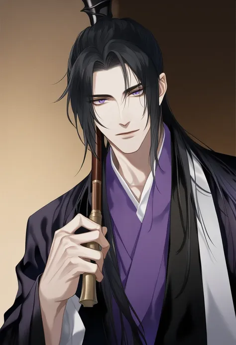 (masterpiece, best quality:1.2), 1male, solo, jiang cheng, mo dao zu shi, mdzs, purple and black clothes, purple eyes, long black hair, perfect anatomy