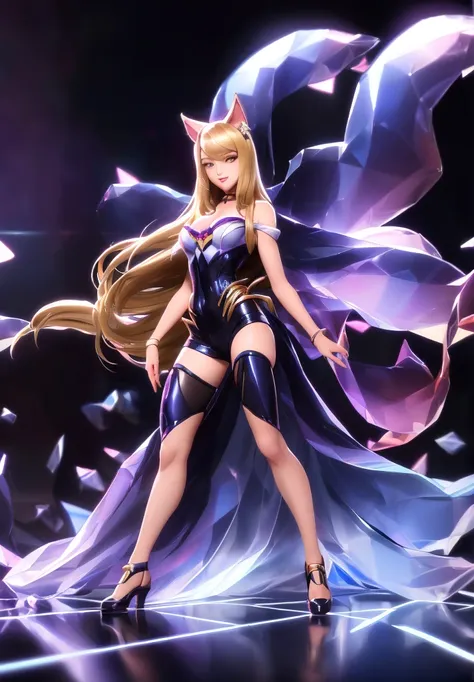 ((full-length photo, standing, feet on the ground)) kda_ahri, dancing, sedutor smile,, (aclamado, atraente, cativante, excitante...