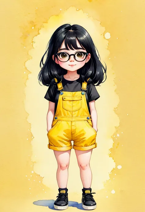 watercolor illustration. chibi, very kawaii style of a charming russian cartoon girl is confident. her straight black hair frame...