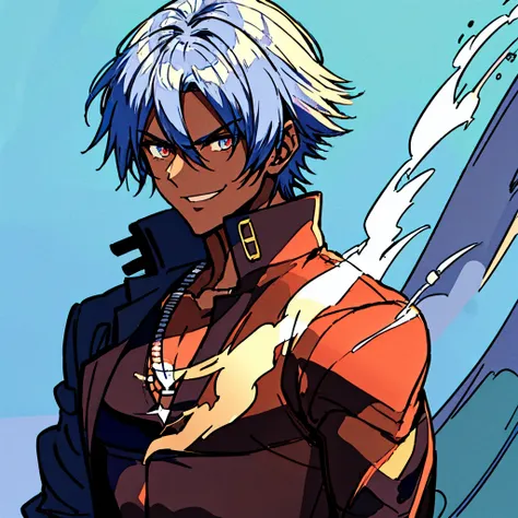 A Dark skinned young anime man, side swept silver hair, fiery light blue eyes, producing blue fire out of his fist, wearing a blue combat trench coat over a black tank top with black slacks and a chain on the hip, steel necklace with a blue dragon pendant ...