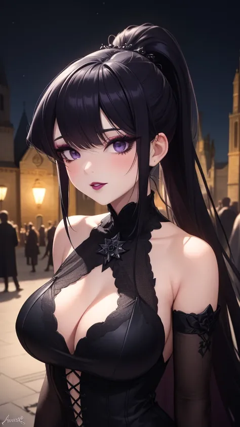 masterpiece, best quality, highly detailed, ultra high res, Shokokomidef, komi_shouko, 1girl, solo, hair ornament, purple hair, long hair, hair over one eyes, purple eyes, dark gothic eyeshadows, dark eyeshadows, black eyeshadows, detailed lipsblack sexy l...