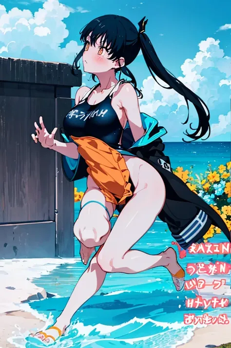 school swimsuit,,blushing、black hair、ponytail、pale orange eyes、head to toe full body、blushing、embarrassed look、composition from ...