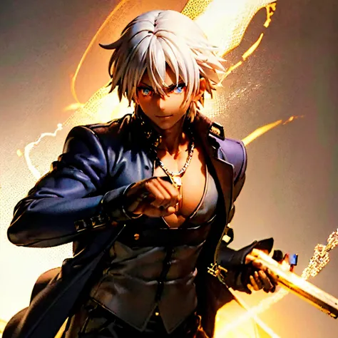 a dark skinned young anime man, side swept silver hair, fiery light blue eyes, producing blue fire out of his fist, wearing a bl...