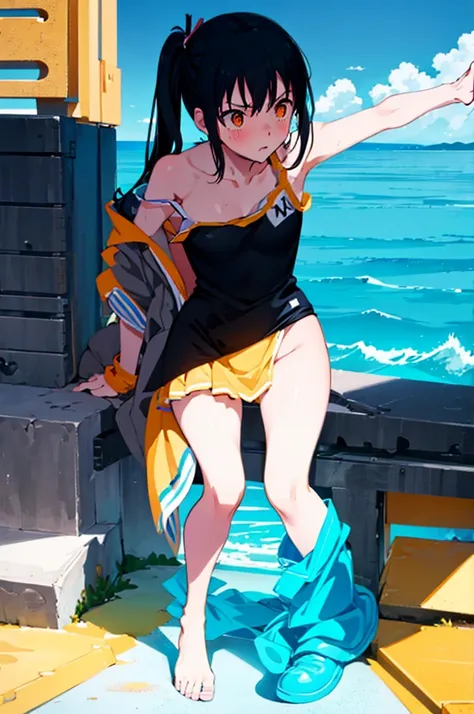 school swimsuit,,blushing、black hair、ponytail、pale orange eyes、head to toe full body、blushing、embarrassed look、composition from ...