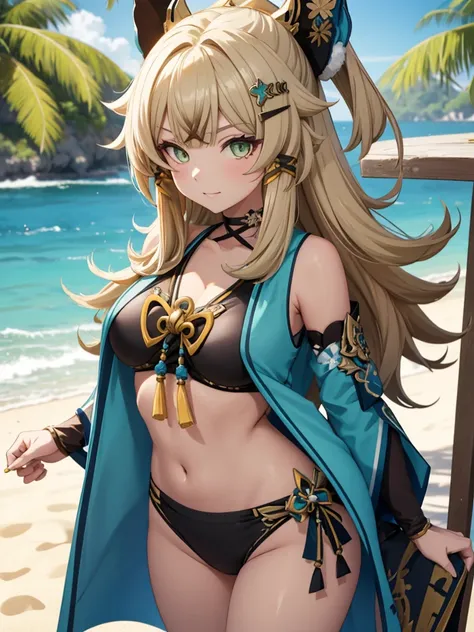 kirara from genshin impact game, 1girl, wearing a sexy bikini at a beach, kirara hair style, 8k, high detailed, high quality