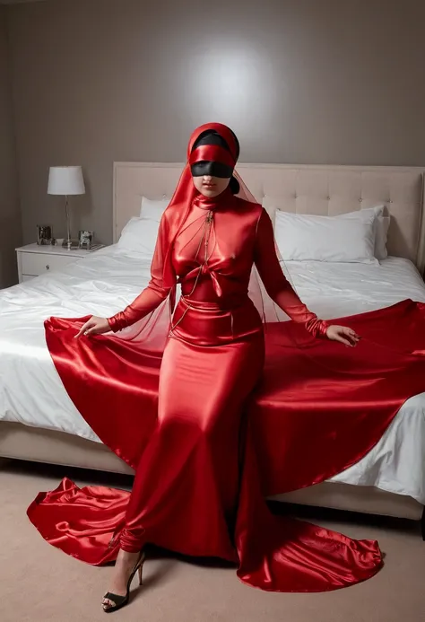 a woman in the translucent red satin gown, tight full body tied, satin sheet, nipple on with nipple piercing, wearing translucen...