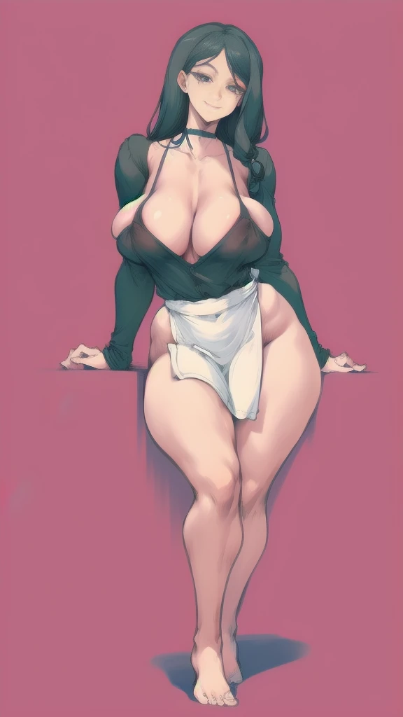 Full body image of the mother from Haha Musume Donburi Oppai Tokumori Bonyuu Shiru Dakude, full body in image, wearing her original outfit (casual dress, apron), long black hair, female body, curvy and voluptuous body, dynamic pose, detailed pose, simple b...