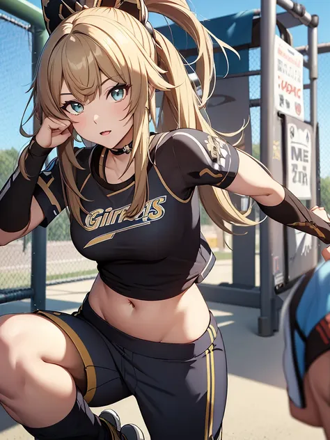 kirara from genshin impact game, 1girl, as an athlete, wearing a sports t-shirt and pants, at a playground ,  kirara hair style,...