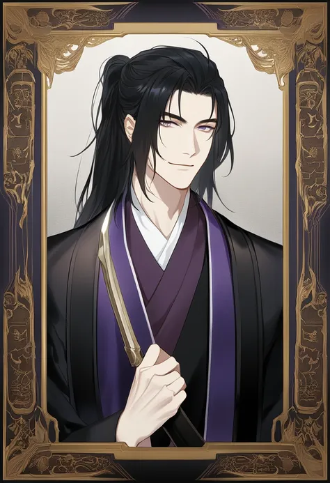 (masterpiece, best quality:1.2), 1male, solo, jiang cheng, mo dao zu shi, mdzs, purple and black clothes, purple eyes, long black hair, perfect anatomy, smile