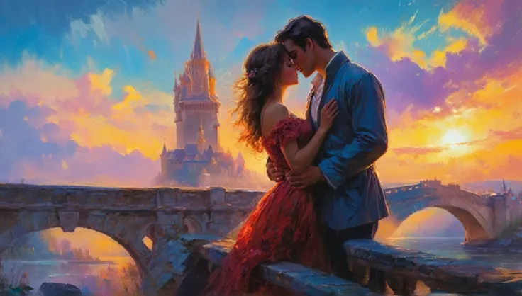 painting of a couple kissing on a bridge with a castle in the background, romantic painting, vladimir volegov, volegov, romance ...