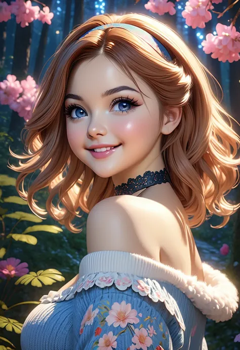 masterpiece, best quality, highly detailed, 1girl, solo,  twintails, off-shoulder sweater, choker, jacket, hairband, looking at viewer, smile, blush, Wide Smile, Eyes Detailed & Wide, sexy Pose. Ultra HD, Rococo-Inspired Fantasy Art With Intricate Details....