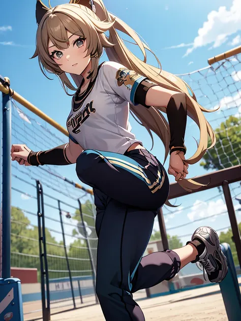 Kirara from Genshin Impact game, 1girl, as an athlete, wearing a sports t-shirt and pants, at a playground, 8k, high detailed, high quality