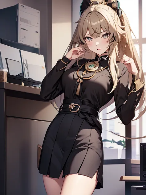 kirara from genshin impact game, 1girl, as an office lady, wearing a office suit, black colour tight skirt, at an office ,  kira...