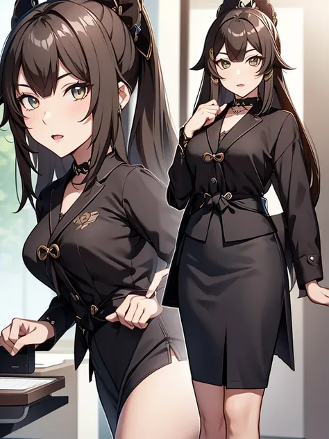 kirara from genshin impact game, 1girl, as an office lady, wearing a office suit, black colour tight skirt, at an office ,  kira...