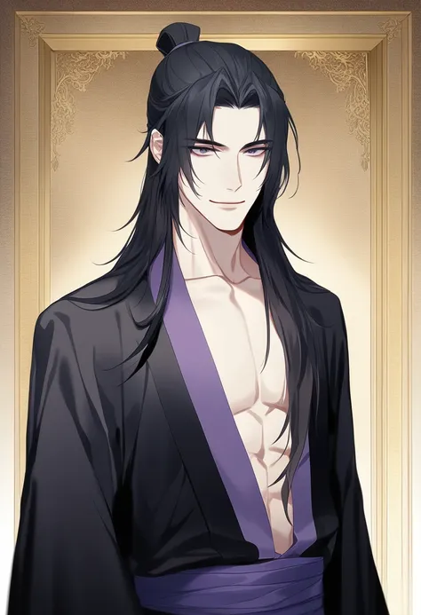 (masterpiece, best quality:1.2), 1male, solo, jiang cheng, mo dao zu shi, mdzs, purple and black clothes, purple eyes, long black hair, perfect anatomy, smile