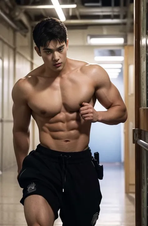 1 handsome Asian guy，27岁policeman，arafed male police 官 in  walking down a hallway, , wearing nothing ,  kinky police ,  open outfit: police expose the huge penis , , majestic，Who is Shi Yu?, Li Yuanbin, Kim Hyung Tae, Kim Hyung Tae, Yin Shishan, Handsome A...