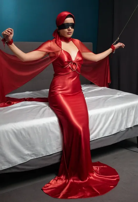 a woman in the translucent red satin gown, tight full body tied, satin sheet, nipple on with nipple piercing, wearing translucen...