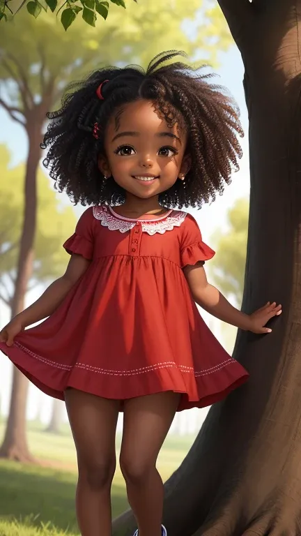 cute baby girl, black skin, curly hair, wears a red dress, smiling, standing in a tree