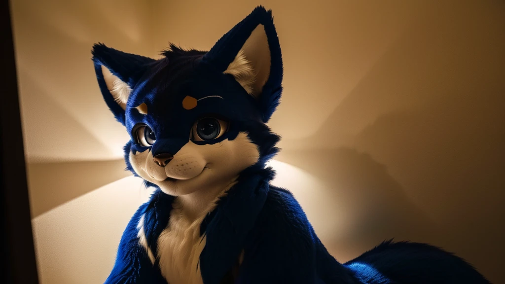 fursuit, navy blue fur, super cute face, red elements on the fur, beautiful lights and shadows, ambient light, super fine fur, volumetric light