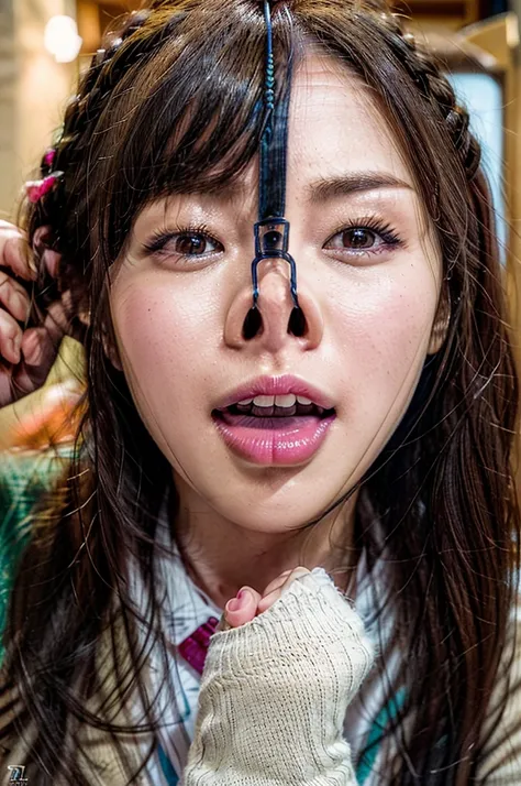 nsfw,Highest quality,32k HDR,High resolution,Beautiful Japanese actresses,girl,,Award-winning photo,Very detailed,Face Focus,Big double eyes(Woman with open mouth and closed eyes ),18-year-old,Black and purple hair,Short Bob,Shaggy,Shiny skin,(((Face close...