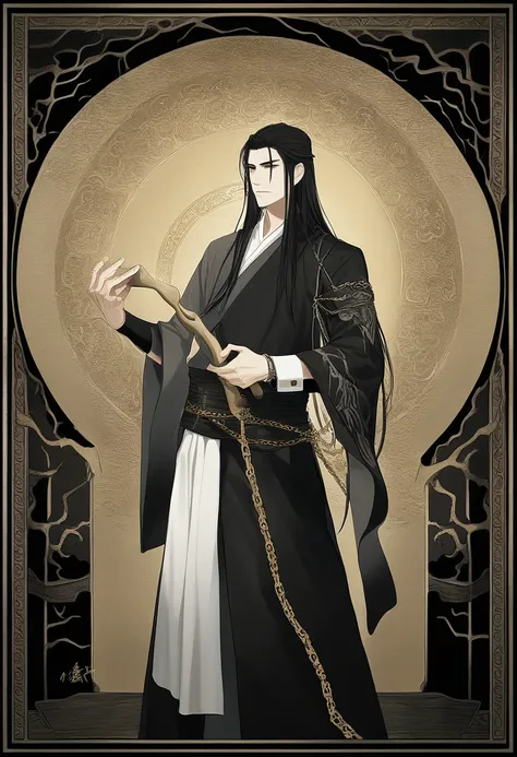 (masterpiece, best quality:1.2), 1male, solo, wen ning, mo dao zu shi, mdzs, black clothes, black eyes, long black hair, wrist cuff, chains, perfect anatomy