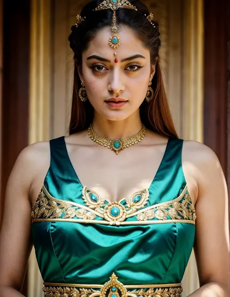 Looks like Sandeepa Dhar, "Design an illustration of a stunning and powerful warrior queen with a regal presence. She should possess a combination of strength and grace. Imagine her in ornate, yet practical armor that complements her figure. The armor shou...