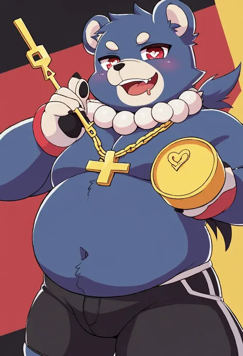 jie is a  man resembling a blue bear with horny face heart-shaped eyes , wearing a red and white necklace with a yellow key atta...