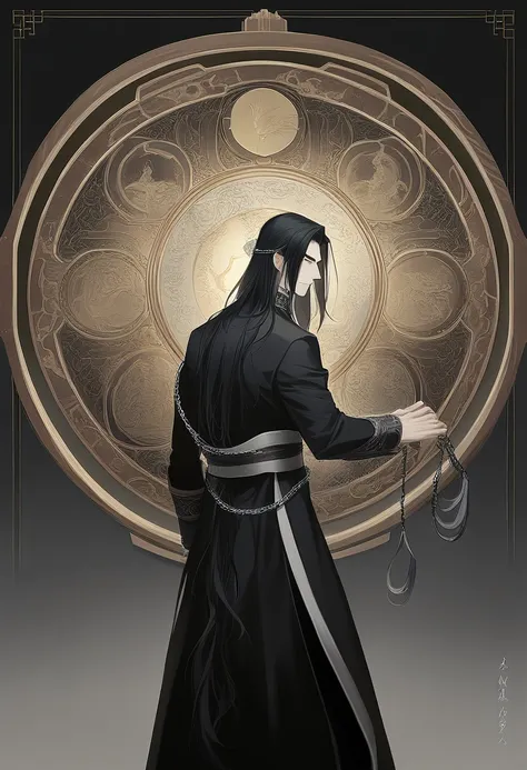 (masterpiece, best quality:1.2), 1male, solo, wen ning, mo dao zu shi, mdzs, black clothes, black eyes, long black hair, wrist cuff, chains, perfect anatomy