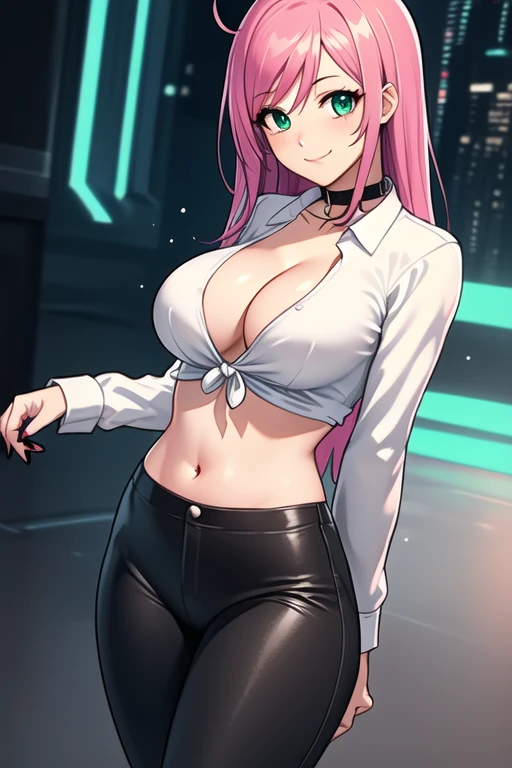 1 girl, 19 years old, Long pink hair, green eyes with slit pupils, master-piece, best quality, (standing up), (white shirt), (long sleeve white front-tie crop top, black pants, red nails, cleavage),  (Big , ultra gigantic , Super super big, Glamorous body)...