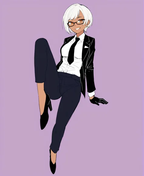 sketch of woman character artist in formal clothes and glasses, wearing a white shirt and black tie, 1girl, dark skin, solo, glo...