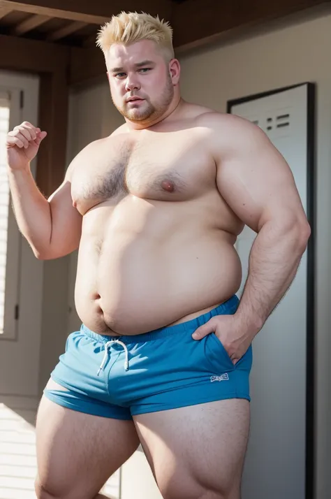 Create a shirtless fat white man with blonde hair and blue shorts 