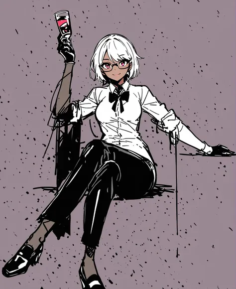 sketch of woman character artist in formal clothes and glasses, wearing a white shirt and black tie, 1girl, dark skin, solo, glo...