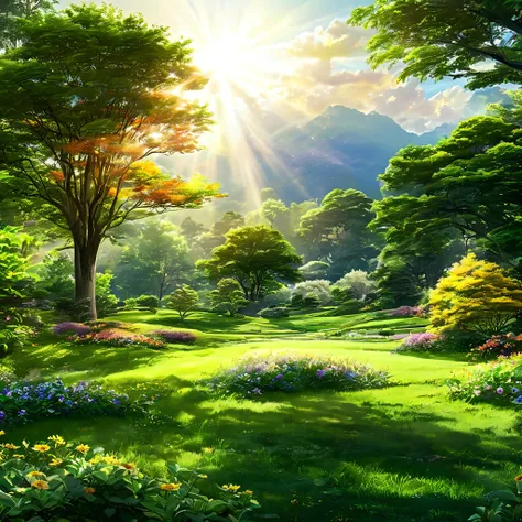 white soft clouds floating in the blue sky，warm colors reflecting the sun，above the garden is a lush green pasture, the scene is...