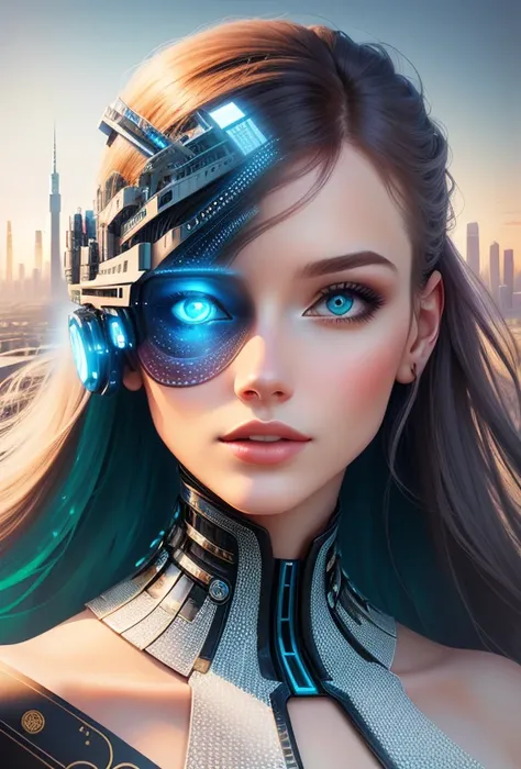 woman with head,  city in the background, surreal beautiful young woman,futurism digital art, beautiful Gorgeous digital art, beautiful digital images, complex transhuman fantasy portrait