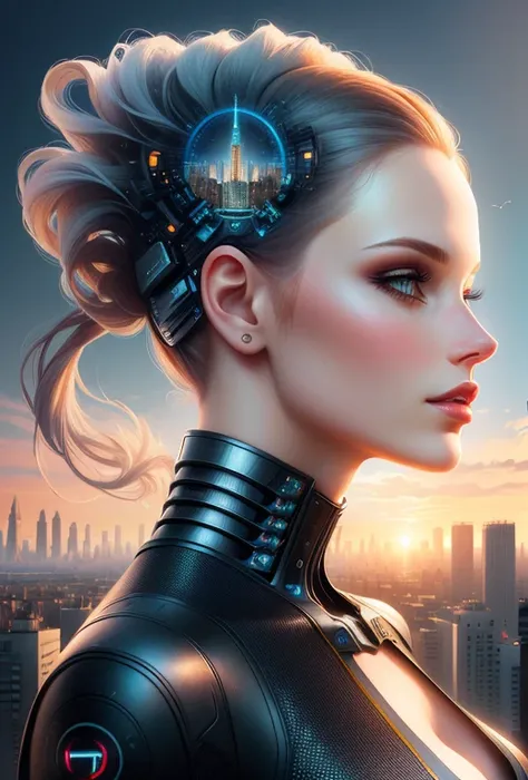 woman with head,  city in the background, surreal beautiful young woman,futurism digital art, beautiful Gorgeous digital art, beautiful digital images, complex transhuman fantasy portrait