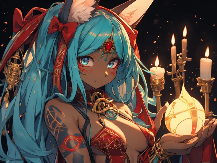 Miku Hatsune,Arabic, tanned skin, High Definition, kitsune ears, tribal tattoo, shy girl, Small breasts add_detail, magician girl add_detail 