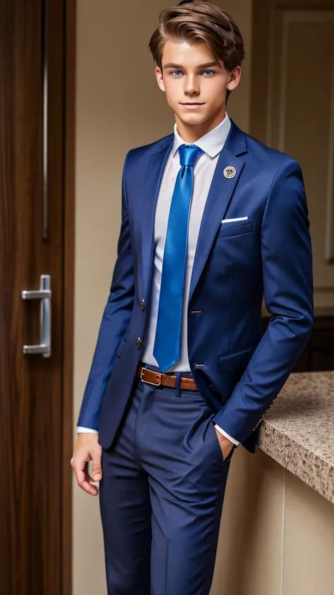 19 year old male wearing tie and lomg sleveed  button up with blazer and vest with dress pants and belts
4K HIGH REZ 

Physical Description: Brown colored hair and skinny build. 5"5 and 150 LB. Blue eyes. 

.