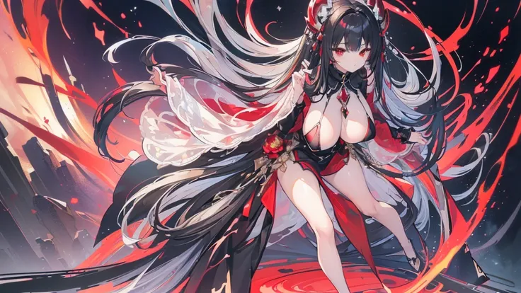 (Exquisite eyes),(Clear and beautiful eyes:1.61),masterpiece, 1 young girl,(Black clothes and some red gems), Black long hair, (She has a huge red gem on her chest), Good Hand,((The Havoc of StarCraft)),full-body shot,Fighting Stance,(Red Eyes:1.466)，short...