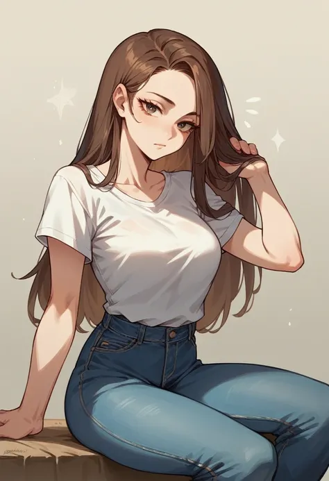 1 girl with long brown hair, eyes of the same color and wears a white t-shirt and blue jeans