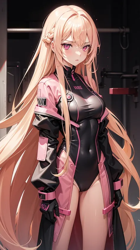 (((Adult woman))), long blonde hair, (Pink eyes), (pink-black plugsuit), furious